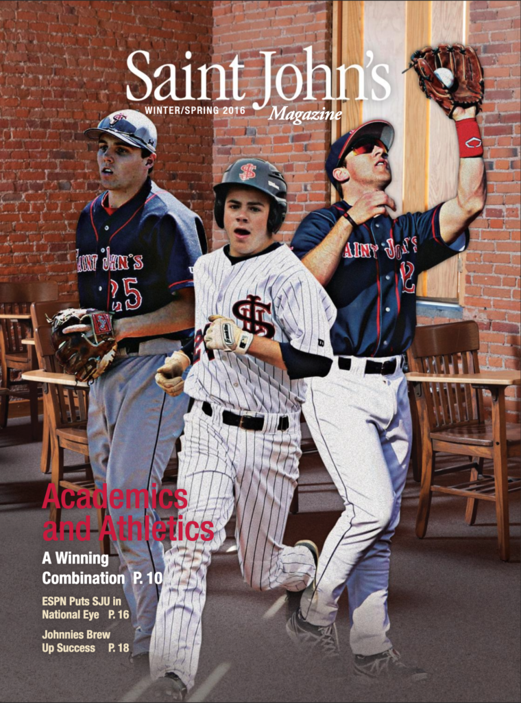 Three baseball players, wearing Saint John's uniforms in a lounge-like setting with brick walls and wooden chairs. The magazine cover headline reads, "Academics and Athletics," with articles highlighted below.